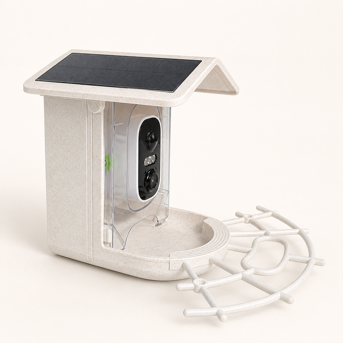 Ivory smart bird feeder with solar camera on warm white background