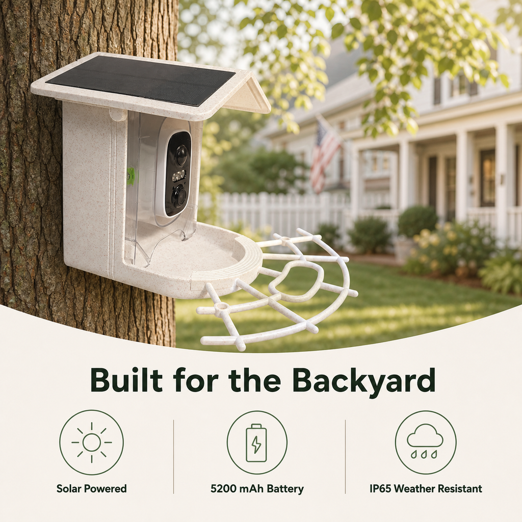 Outdoor smart bird feeder with solar power, 5200 mAh battery and IP65 weather resistance