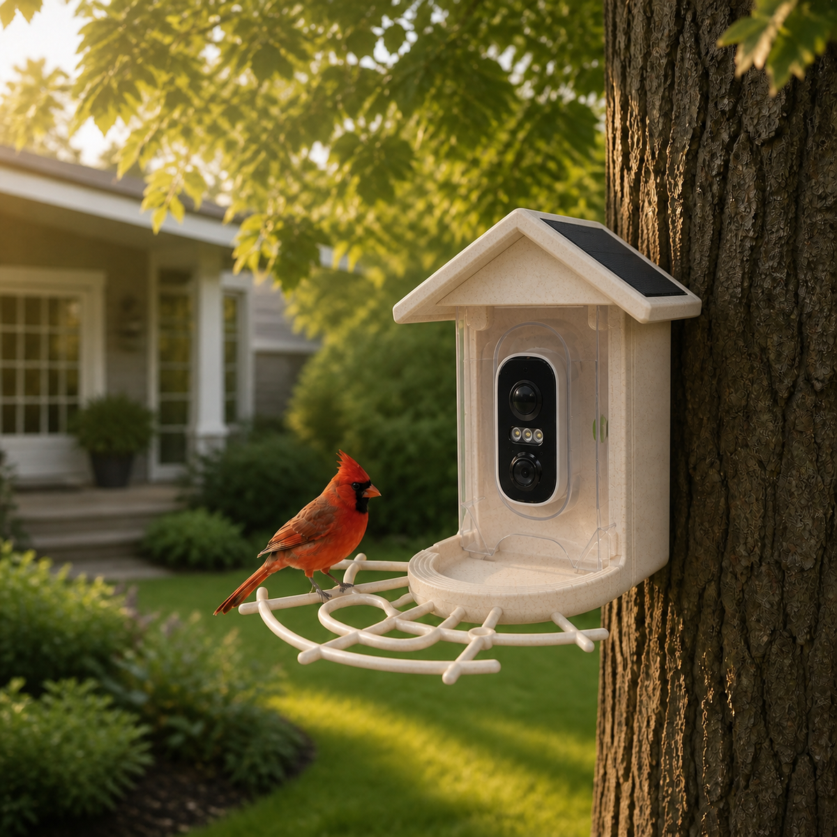 Solar camera bird feeder with forward-facing gable roof and cardinal in an American backyard