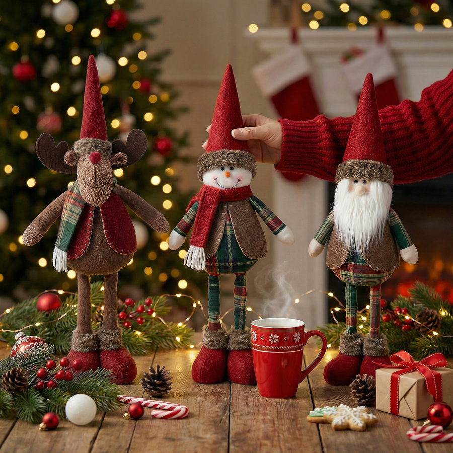 Three-piece red and green plaid Christmas plush figurine set