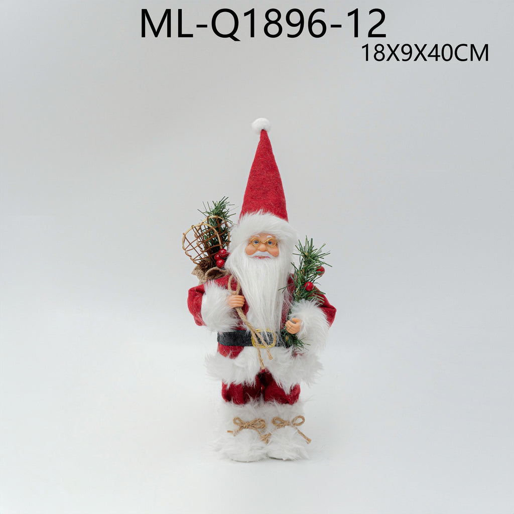 Traditional Santa figurine with pine and woven basket, 18 by 9 by 40 centimeters
